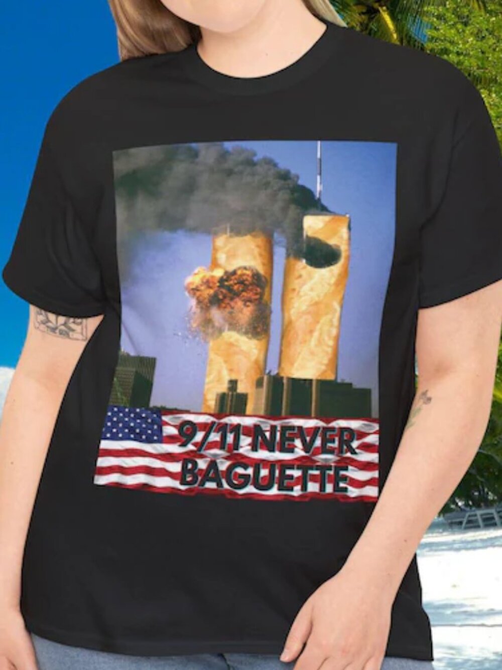 Dark Humour Twin Tower Never Baguette Tee Shirt